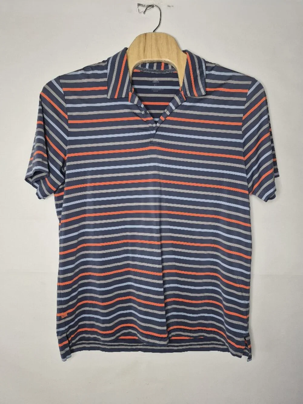 Adidas Mens XL Short Sleeve Stretchy Striped Logo Polo Shirt Blue Gray Orange